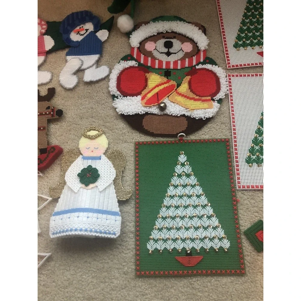 Plastic Canvas Needlepoint Christmas Crafts Handmade Finished Pieces Lot Of 16